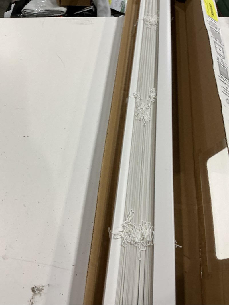 Condition photo showing As Is for mainstays 1  cordless vinyl light filtering mini blinds  1-piece  white  33  w x 64  l