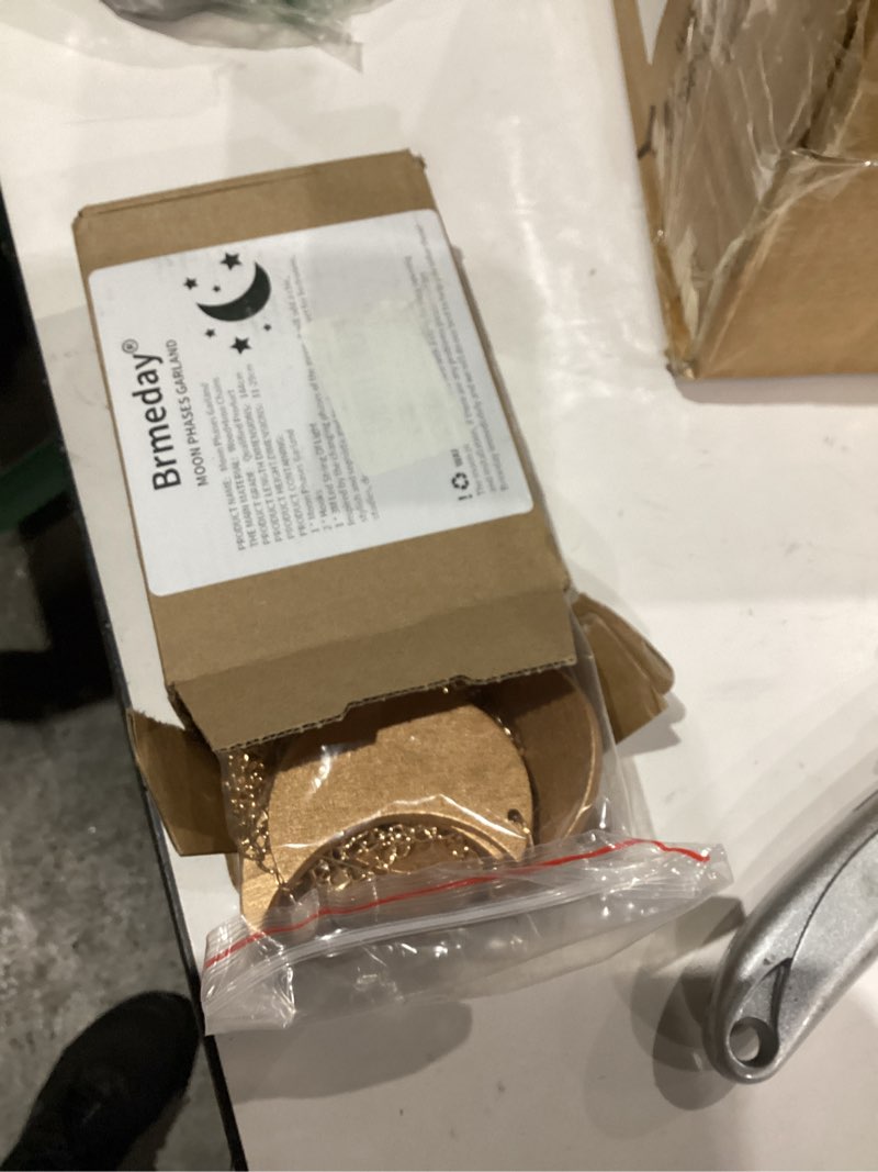 Condition photo showing Good Condition for Moon Phase Wall Decor with LED String Light, 13 Gold Wood Boho Wall Hanging Decor Mood Garland 56'' - Celestial Phases Moon Decoration in Bohemian Style for Bedroom Living Room Thanksgiving Day Gifts 56 Inch