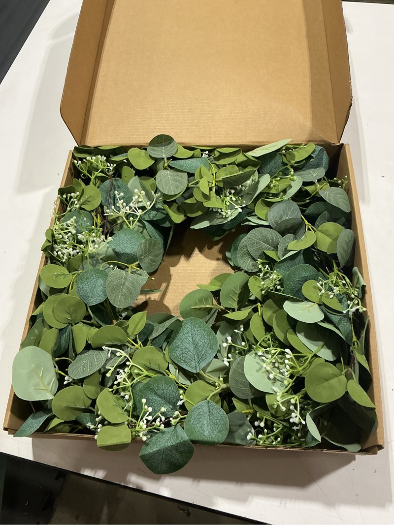 Condition photo showing Good Condition for homekaren eucalyptus wreaths for front door 22", handmade green leaves wreath for summer, spring and all seasons, greenery floral wreath for wall and outside green 22 inch