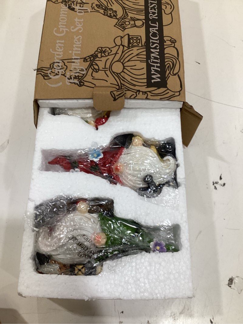 Condition photo showing Good Condition for gognome 3-pack spring garden gnome figurines, 6.5" resin decorative gnomes with lantern, birdhouse & watering can, indoor outdoor tabletop home yard lawn decor (multicolor)