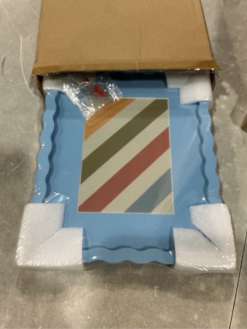 Condition photo showing New/Like New for 8x10 picture frame with mat for 5x7, wavy edge wooden real glass photo frame for tabletop and wall hanging, blue, 1 pack blue 8x10 in