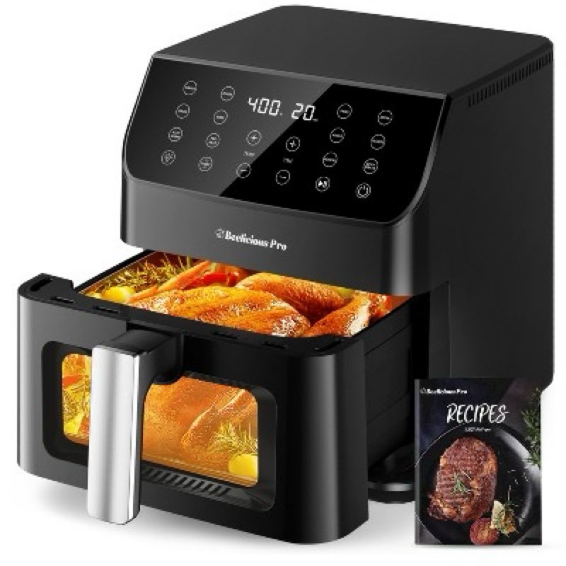 beelicious 5.8qt large air fryer, 12-in-1 digital airfryer with view window, 40+ recipes, flavor-lock tech, shake reminder, compact, quiet, dishwasher safe, nonstick. black