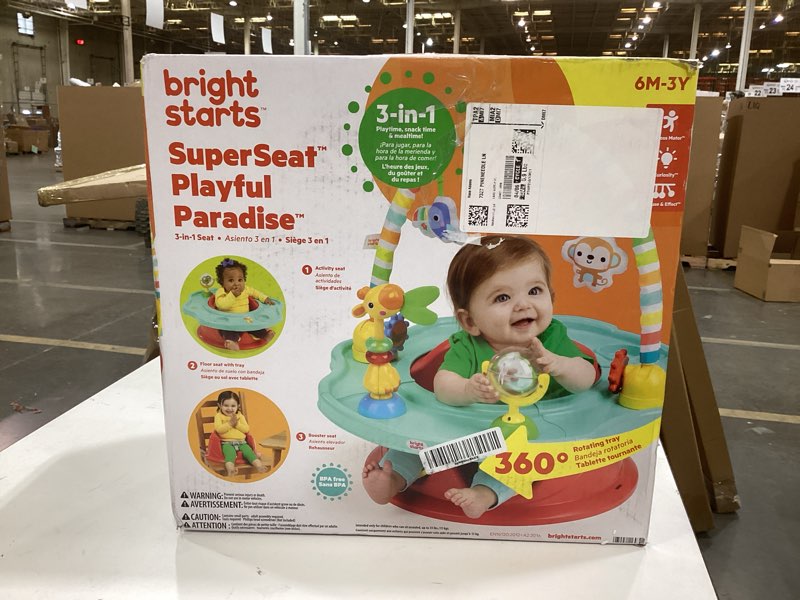 Condition photo showing As Is for bright starts 3-in-1 superseat playful paradise, baby activity seat with toys, snacking tray, booster seat, bpa free tray, unisex, 6 months +