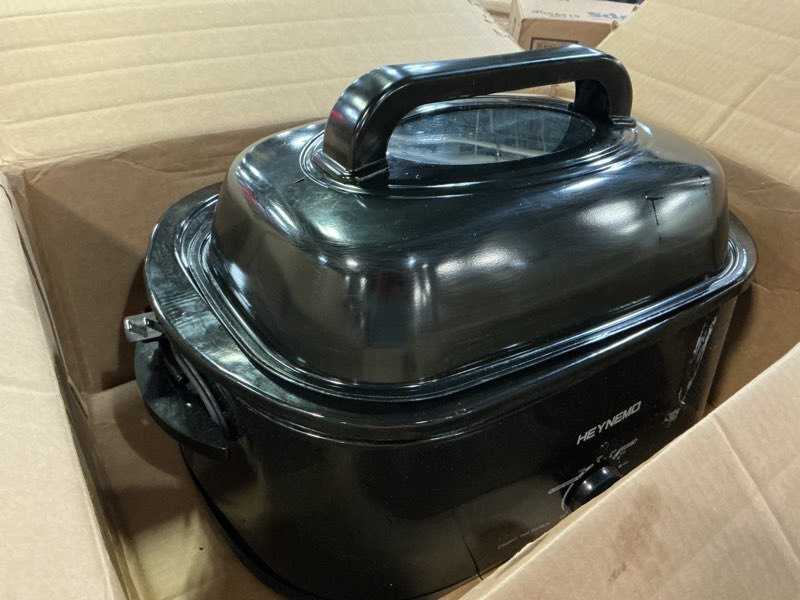 Condition photo showing As Is for HEYNEMO 24 Quart Electric Roaster Oven, Turkey Roaster Oven with Self-Basting Lid, Removable Pan, Cool-Touch Handles, Stainless Steel Black