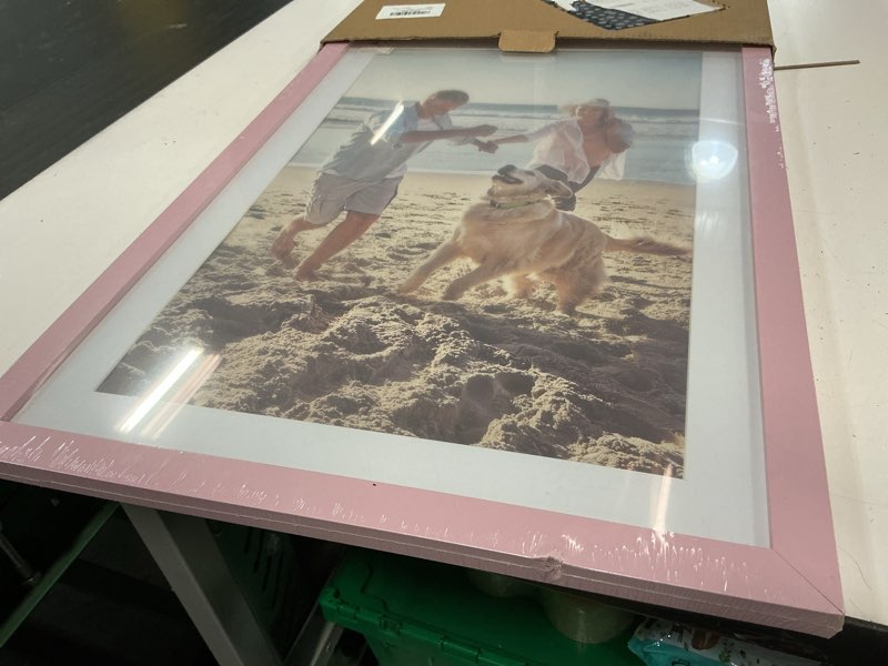 Condition photo showing As Is for decoruhome 13x19 picture frame, display pictures 11x17 with mat or 13x19 without mat, wall mounting photo frame, pink, 1 pack pink 13x19