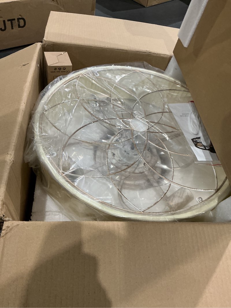 Condition photo showing New/Like New for flush mount ceiling fan with lights, 20" low profile boho ceiling fan with light remote control, caged with 6 speeds for bedroom, nursery, living room beige