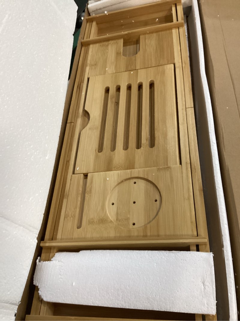 Condition photo showing Good Condition for serenelife bath caddy breakfast tray combo - natural bamboo wood waterproof tub and bed with folding slide-out arms, device grooves, wine glass soap holder 1) standard, hard back