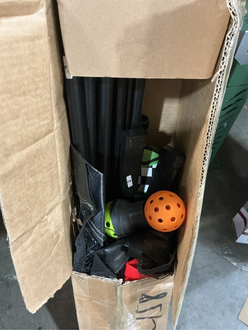 Condition photo showing As Is for pickleball set with net and paddles, 4 player set, brown wooden paddles, 22ft portable net, 6 balls, 4 ball retrievers, 4 replacement grips