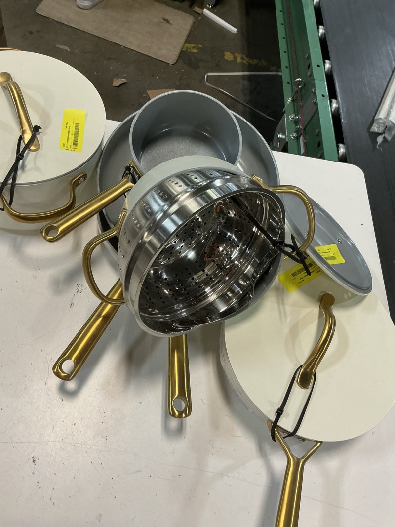 Condition photo showing As Is for ceramic non-stick signature cookware set, non-toxic pots and pans set- white & gold