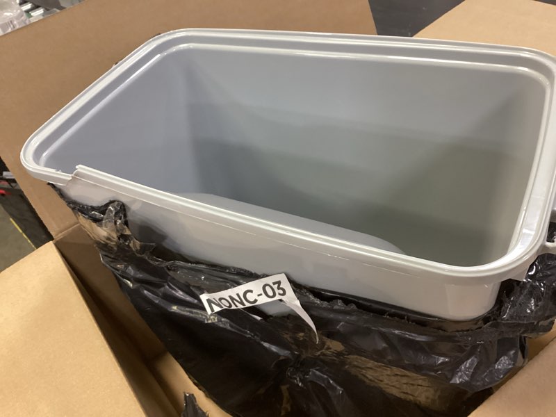 Condition photo showing As Is for IRIS USA Dog Food Storage Container with Wheels, Airtight Lid, 2-Cup Scoop, Up to 40 Pounds Pet Food Storage, Built in Scoop Storage in Lid, Versatile Pet Food Bin, Portable, BPA Free, Gray/Dark Gray 40 lbs Gray/Dark Gray