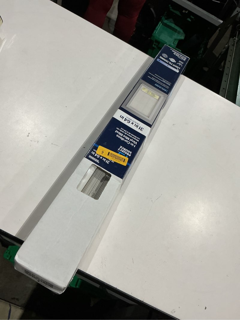 Condition photo showing As Is for project source light filtering 1-in slat width 31-in x 64-in cordless white vinyl light filtering mini-blinds