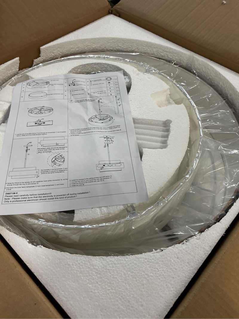 Condition photo showing New/Like New for drum chandeliers for dining room, 5-light farmhouse chandelier round hanging light fixture, 18'' rustic chandelier linen drum pendant light for bedroom foyer living room hallway distressed white 18"