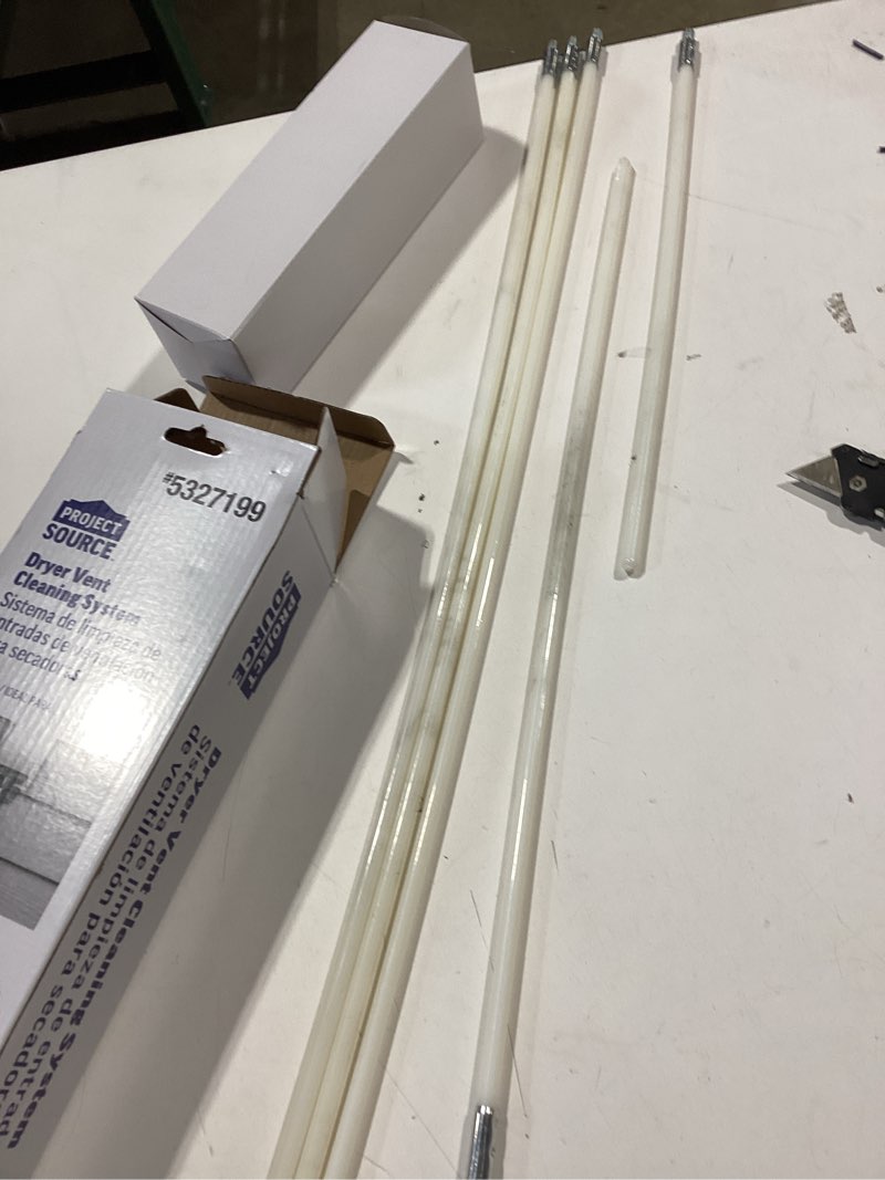 Condition photo showing As Is for project source dryer vent cleaning kit ( white (flexible rods), black (vacuum and blower