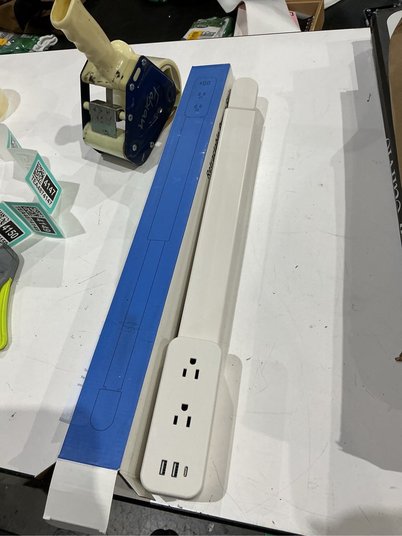 Condition photo showing As Is for electrical outlet extender stick - features usb-a, usb-c and 2 ac outlets, extends 22"-34", rotates 180° access hard-to-reach outlets, wall plug power socket expander nightstands, sofa, desks and more white