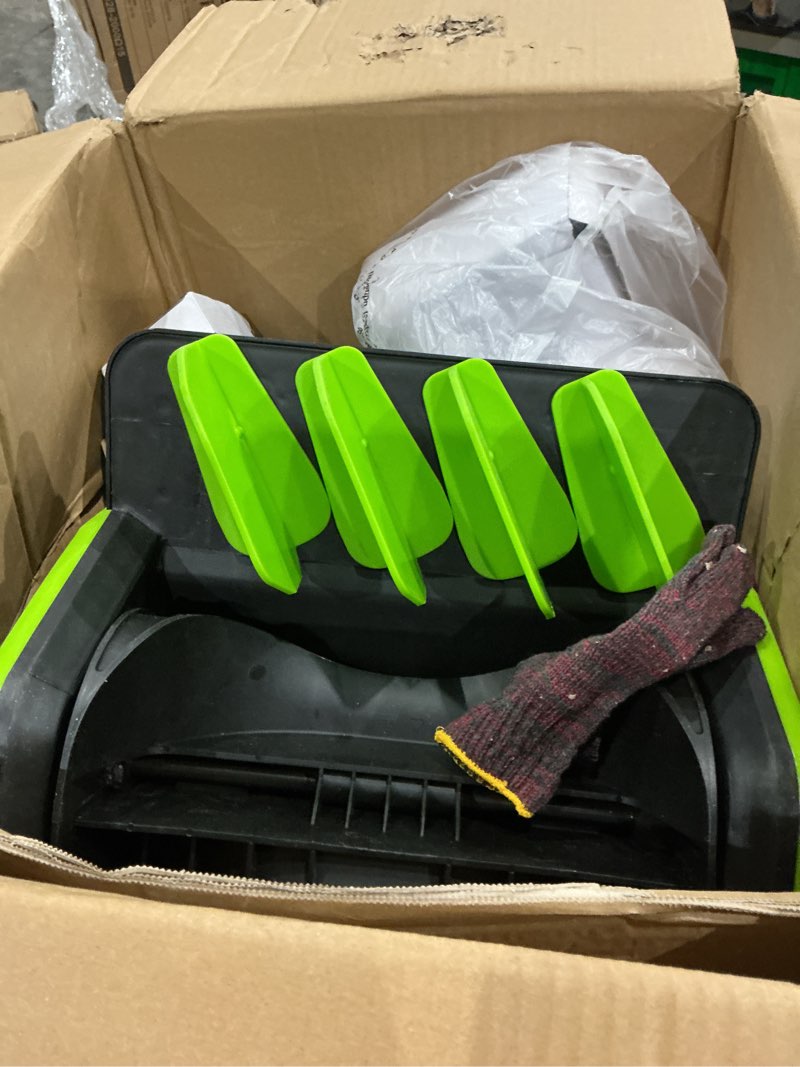 Condition photo showing As Is for greenworks 80v 12" brushless snow shovel, with led light, directional vane control, 2.5ah battery and fast charger 12" 2.5ah+led+direction control