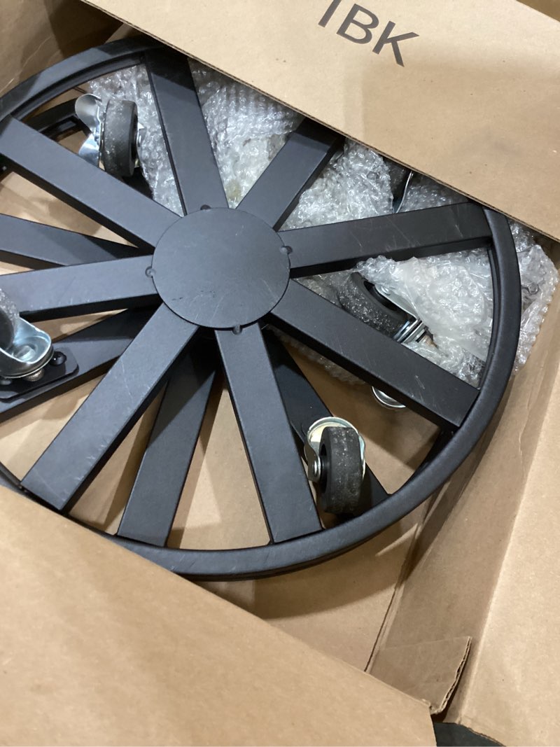 Condition photo showing As Is for 2 pack plant caddy with wheels, 16'' large heavy duty rolling plant stand with 360° wheels metal plant rollers plant dolly with lockable caster for outdoor indoor plant flower pots 16''- 2 pack