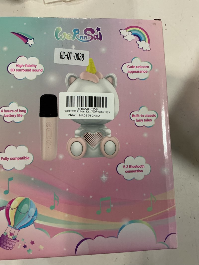 Condition photo showing New/Like New for Mini Karaoke Machine for Kids - Unicorn Portable Bluetooth Speakers with 2 Wireless Mic and LED Light, Toddler Karaoke Machine for Girls 3-5 6 8-12 Year Old, Unicorn Birthday Gifts Toys Pink