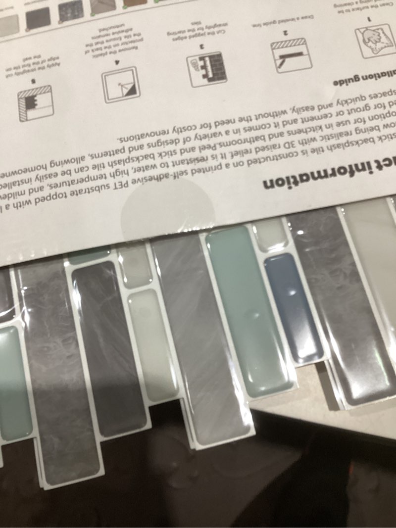 Condition photo showing New/Like New for wowstar 10-sheet peel and stick backsplash tile for kitchen, back splash stick on tiles for kitchen wall (grey and blue)