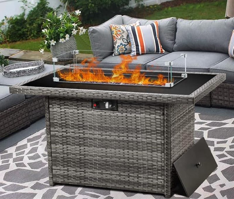 LayinSun 44\" Propane Gas Fire Pit Table, 55000 BTU Rectangular Fire Pit with Glass Wind Guard for Outside Patio Deck Garden Backyard *color white