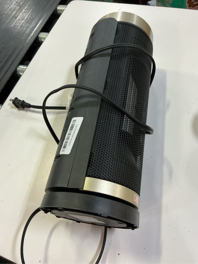 Condition photo showing As Is for dreo space heater, 1500w electric heaters for indoor use with thermostat, 70° oscillation, 8 safety protections, 5 modes, remote, 12h timer, quiet portable heater for office, bedroom, large room gold standard