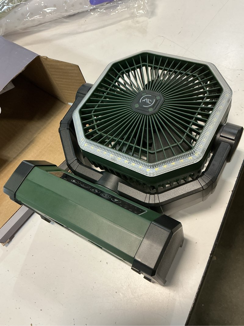 Condition photo showing As Is for allsion camping fan - 24000mah portable fan, rechargeable fan with light & remote, battery powered fan 4 speed strong airflow, desk/camping/outdoor/gym fan for office travel treadmill camping gear