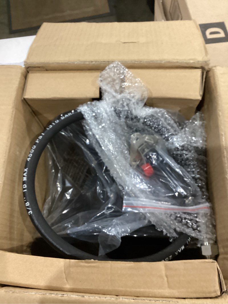 Condition photo showing Good Condition for mekoh pressure washer hose reel 50ftx3/8” / 65ftx1/4”, 4000psi heavy duty power washer hose reel with m22-14 fitting, hand crank metal reel with wall/trailer/van mount, manual hose reel for water shiny black