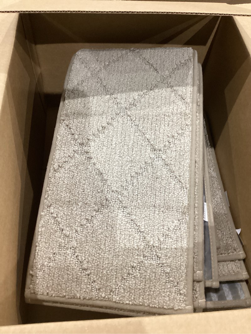 Condition photo showing As Is for (Used) COSY HOMEER Edging Stair Treads Non-Slip Carpet Mat 28inX9in Indoor Stair Runners for Wooden Steps, Edging Stair Rugs for Kids and Dogs, 100% Polyester TPE Backing (15pc, Beige) Beige 15pc