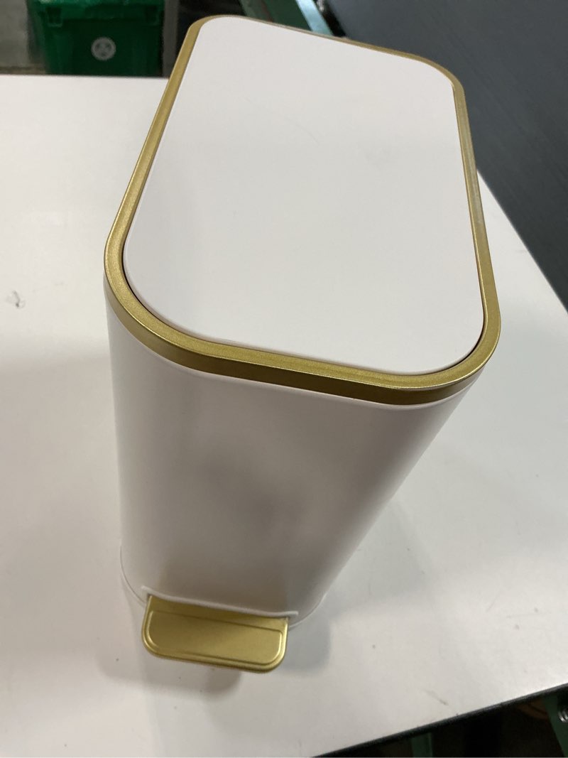 Condition photo showing Good Condition for Cesun Small Bathroom Trash Can with Lid Soft Close, 5 Liter/1.3 Gallon Stainless Steel Garbage Can with Removable Inner Bucket, Step Pedal, Slim Waste Basket for Toilet, Office, Bedroom (White&Gold)