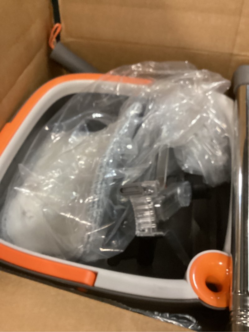 Condition photo showing As Is for kzkr spin mop and bucket set with 2 replaceable microfiber mop pads with self separation dirty and clean water system, self wringing 360° rotating square mop head for hardwood tile marble floors grey+orange+white 1.0 mop bucket set with 2 pads