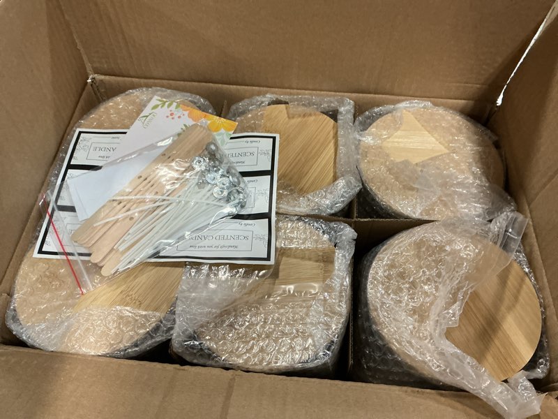 Condition photo showing New/Like New for CONNOO 24oz Clear Glass Candle Jars 6 Pack, Multi-Wick Wide Mouth Empty Bulk Candle Containers for Making Candles with Airtight Bamboo Lids, Sticky Warning Labels, Wick kit- Dishwasher Safe Clear Round 24 oz