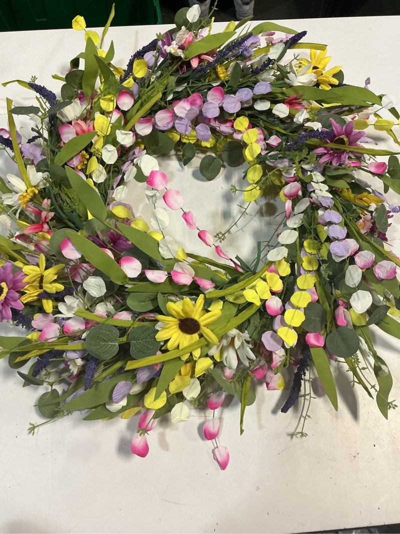 Condition photo showing Good Condition for 24 inches spring wreaths for front door spring flower wreaths summer door wreath colorful wildflower wreath with daisy lavender for window indoors outdoor decor