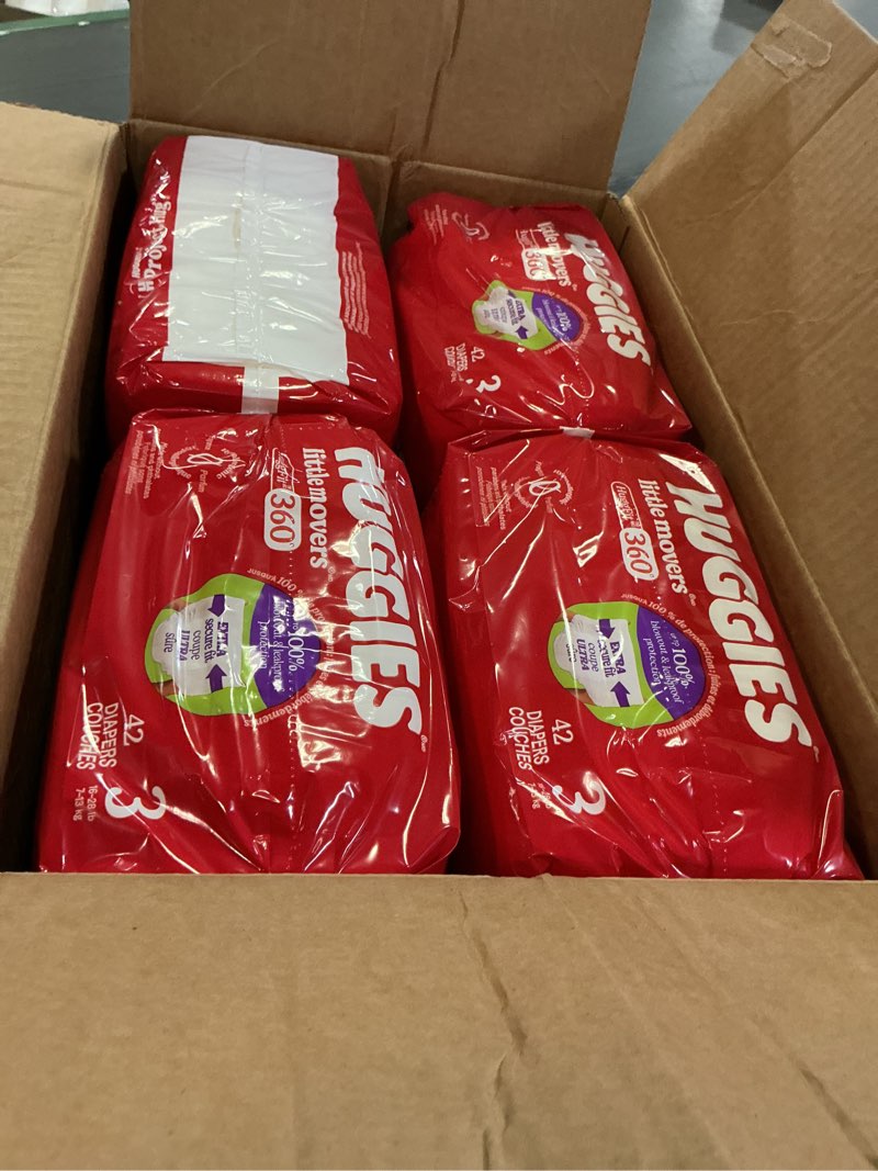 Condition photo showing New/Like New for Huggies Size 3 Baby Diapers, Little Movers HuggFit 360° Baby Diapers with 360° Waistband, Size 3 (16-28 lbs), 168 Count (3 Packs of 56), Packaging May Vary Size 3 168