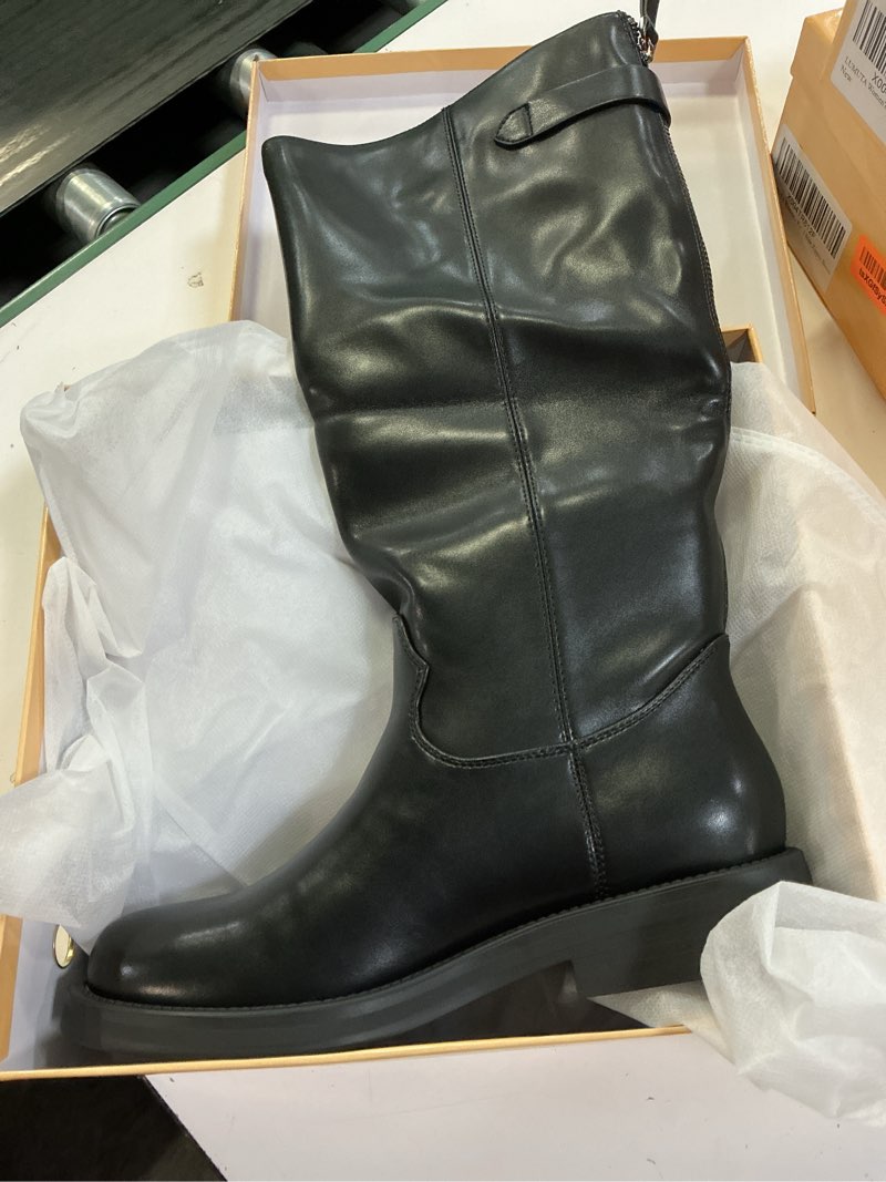 Condition photo showing New/Like New for women's knee high boots chunky heel square toe tall boots for women low heel back zipper boots size 7.5 black