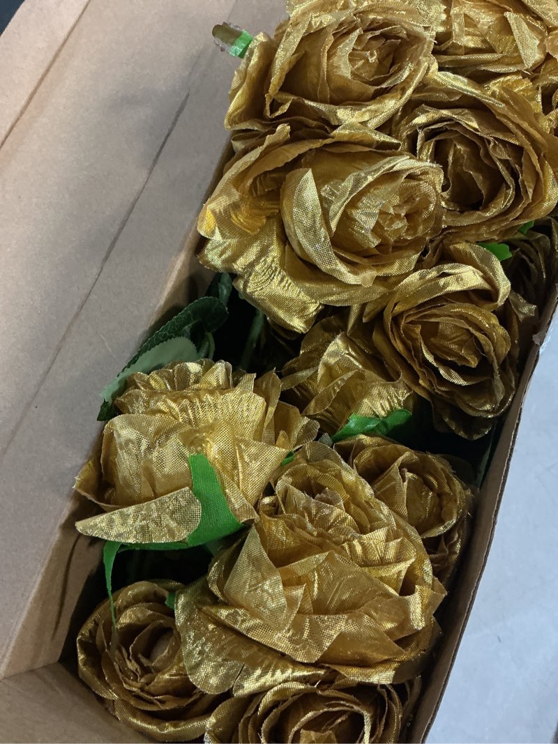 Condition photo showing Good Condition for jexine 50 pcs artificial rose flower bulk realistic silk fake roses with long stem plastic artificial flower bouquet real looking for home wedding centerpieces party decoration(gold)
