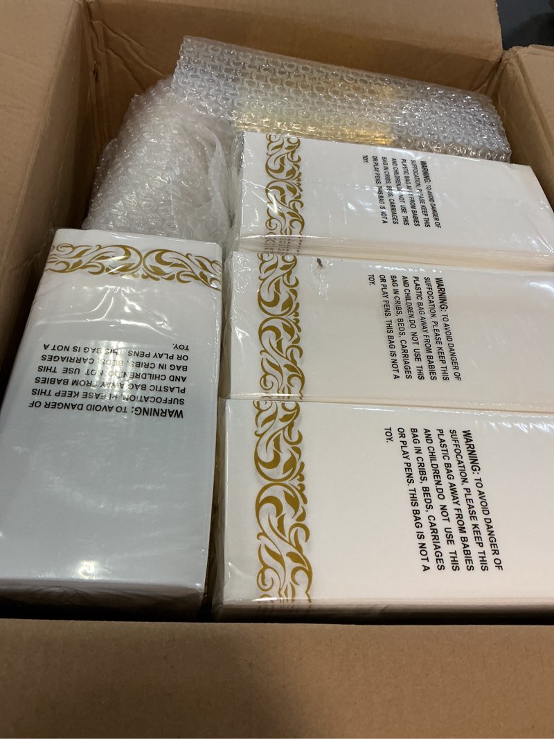 Condition photo showing New/Like New for goodluck 700 pieces gold dinnerware set for 100 guests, disposable for party, include: 100 gold rim dinner plates, 100 dessert plates, 100 paper napkins, 100 cups, 100 plastic silverware set gold 100 guests