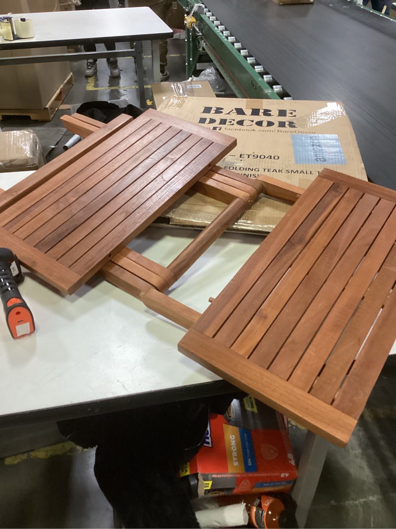 Condition photo showing As Is for Piece Patio Indonesia Teak Wood Folding Outdoor Side Table Square Slatted Tabletop Portable Picnic