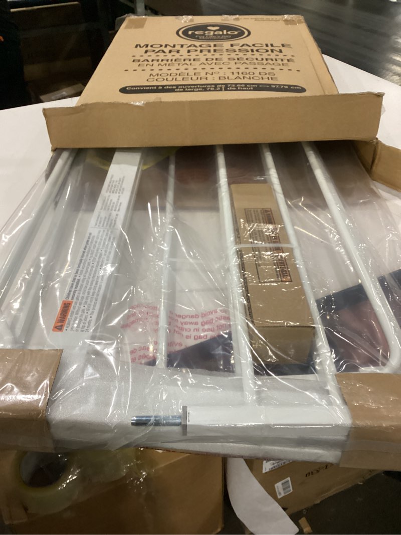 Condition photo showing Good Condition for regalo safety 29-38.5" baby gate for doorways & bottom of stairs, pressure mounted baby gate with door for babies, toddlers & pets, tested & safe for 30 years, american designed, american owned, white white 29-38.5"w x 30"h