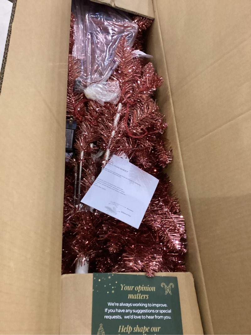 Condition photo showing New/Like New for 7.5FT Prelit Slim Artificial Pink Tinsel Christmas Tree with 250 Warm White LED Lights, Sparkling Skinny Pencil Metallic Tree for Bedrooms, Living Rooms Modern Holiday Décor Reddish Pink Tinsel With Warm White Lights 7.5FT
