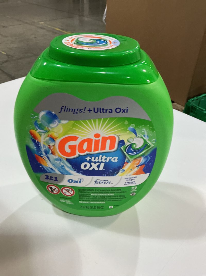 Condition photo showing New/Like New for gain flings ultra oxi laundry detergent pacs, 112 count, waterfall delight scent, with odor defense, concentrated laundry soap pacs waterfall delight 112 count (pack of 1)