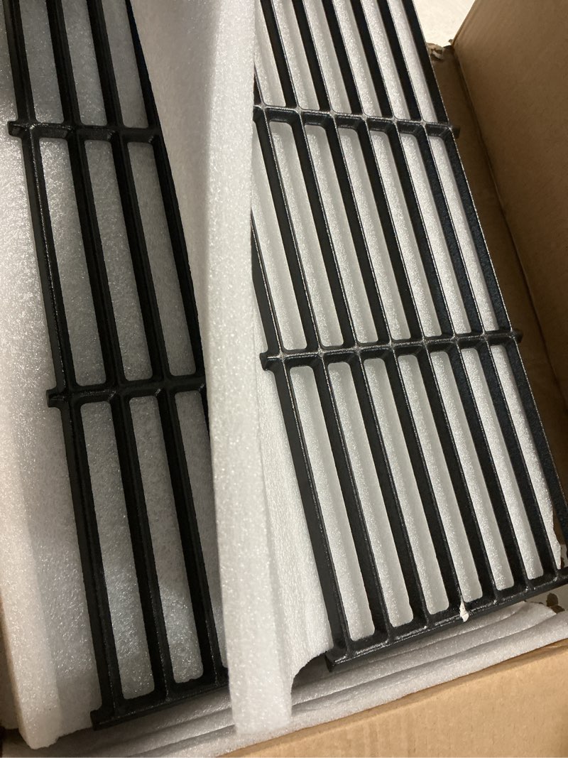 Condition photo showing Good Condition for 463448021 cast iron cooking grates for charbroil performance 463448021 463449021 463466522 463455021 5 burner grill,17 inch cooking grids for charbroil replaces parts g426-0004-w1 g426-0005-w1 1cg-5 grill burners kit