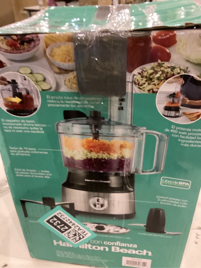 Condition photo showing As Is for Hamilton Beach Food Processor & Vegetable Chopper for Slicing, Shredding, Mincing, and Puree, 10 Cups + Easy Clean Bowl Scraper, Black and Stainless Steel (70730)