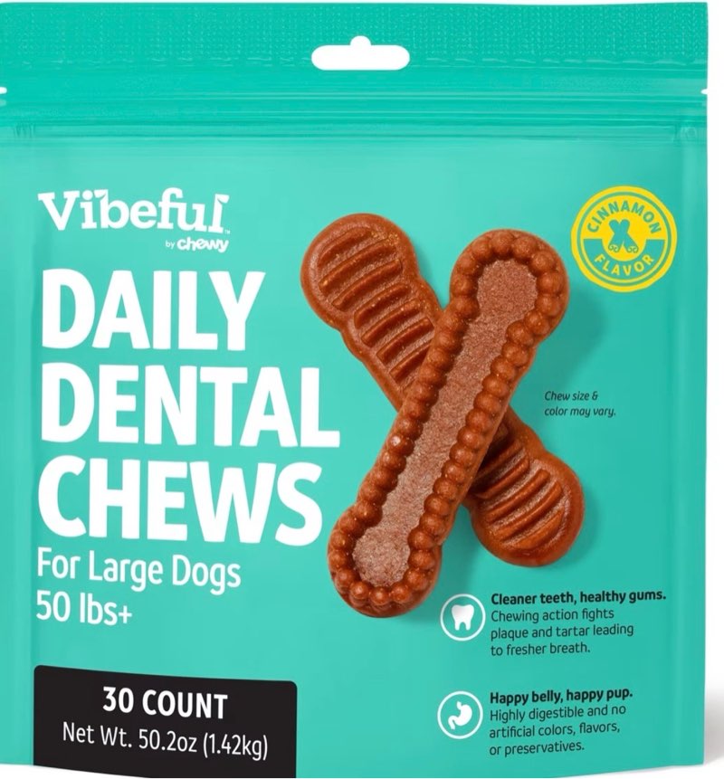 ( BB Mar 17 2026) Vibeful Large Daily Dental Chews for Dogs, Cinnamon Flavor, 30 count
