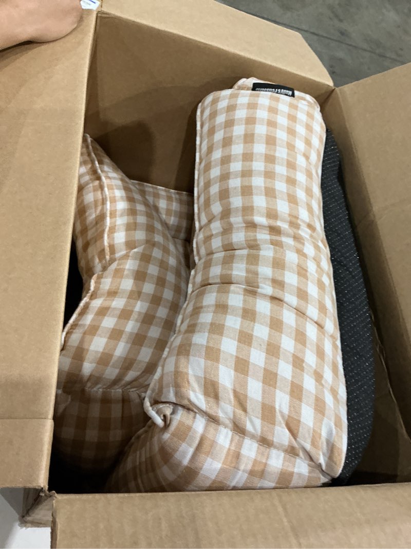 Condition photo showing Good Condition for gingham dog bed with removable covers for small dogs rectangular all-season plaid dog bed gingham cuddler for pups (beige bed,l (<20lb)) beige l- 25.6“x 17.7”x 5.9“ (<20lb)