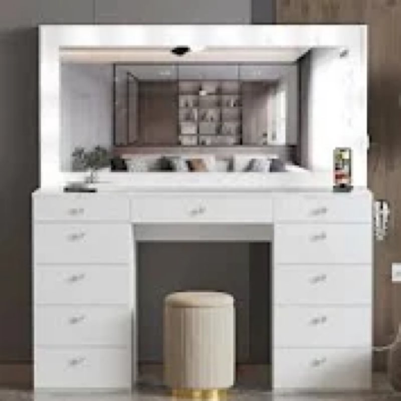 ((Incomplete ))Orla Premium Vanity Table with Bluetooth Speakers, 11 Drawers, and LED Lighted Mirror