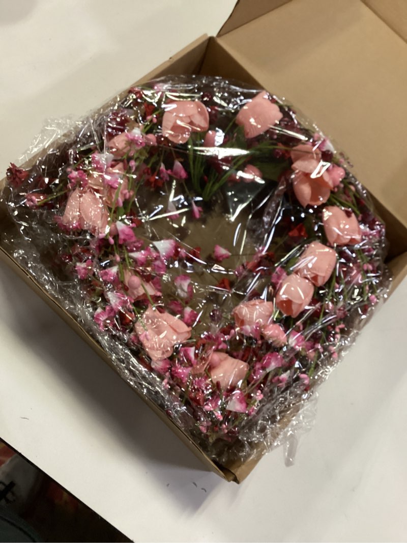 Condition photo showing New/Like New for Valentines Day Wreath, Valentines Heart Wreaths for Front Door Decor, Pink Tulip Wreath with Heart B