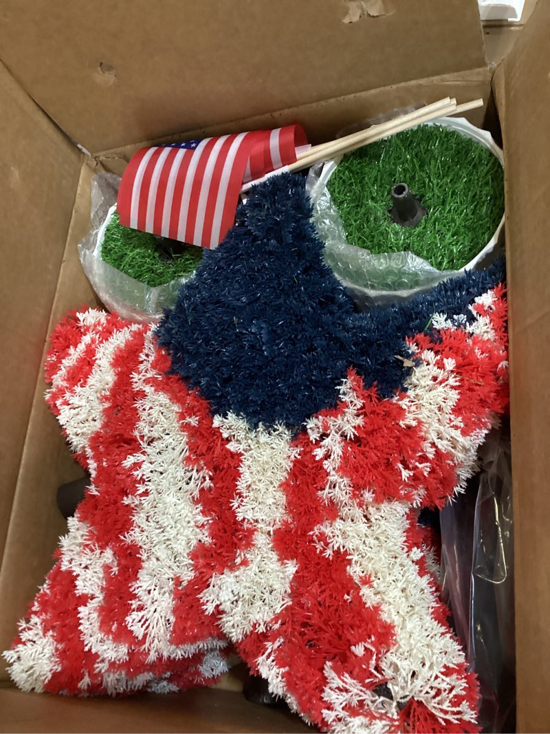 Condition photo showing Good Condition for 2 pack 25.6" patriotic star topiary trees w/ 4 flags for 4th of july | patriotic red white blue, uv resistant pe plastic, pot & ground spike included, waterproof artificial plant, independence day artificial star trees