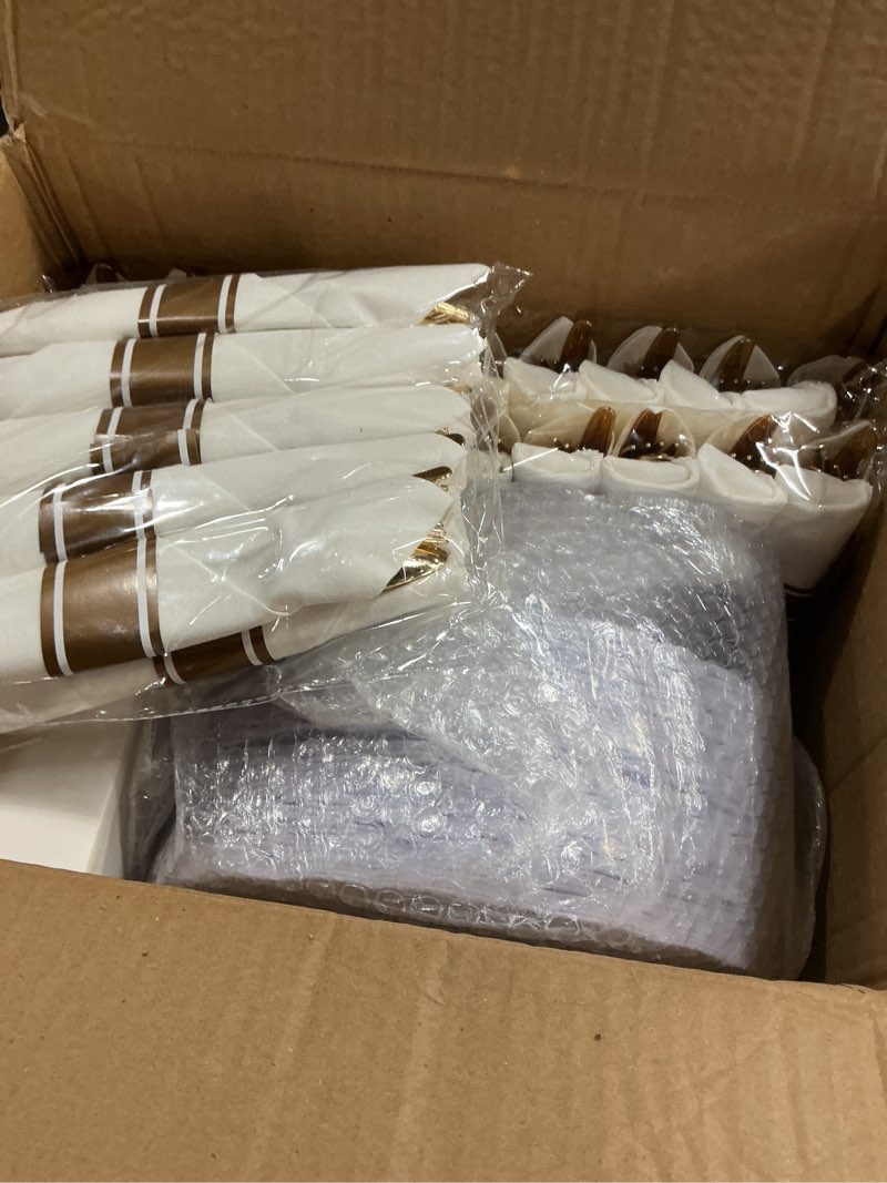 Condition photo showing New/Like New for U-QE 350PCS Gold Plastic Plates - Disposable Dinnerware Set for 50 Guests - White and Gold Plates and Napkins Party Supplies include 100 Plate, 150 Silverware, 50 Cups, 50 Napkins for Weddings&Party