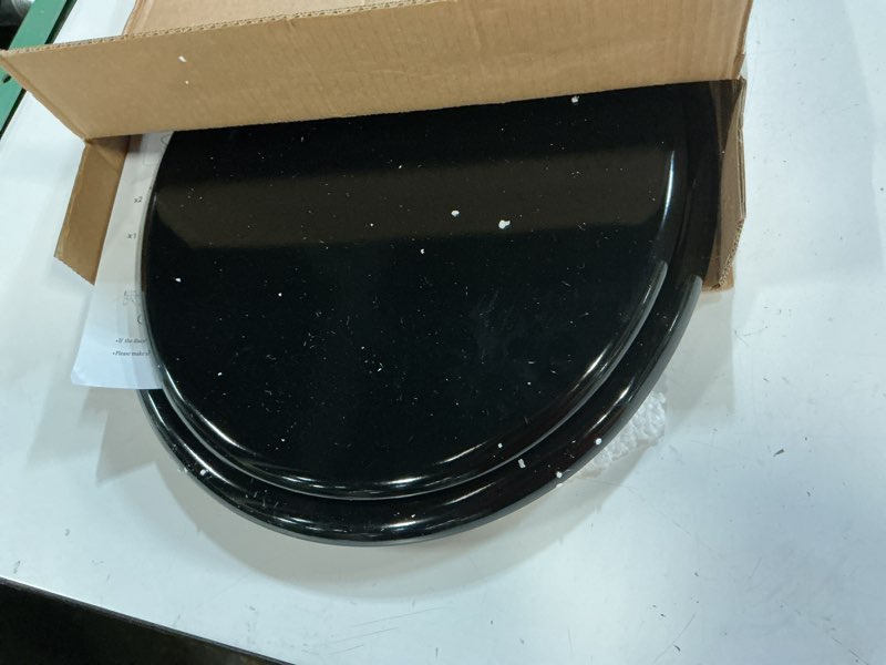Condition photo showing As Is for round toilet seat slow close, wood black toilet seat for baked enamel process, heavy duty toilet seat soft close round, wood black toilet lid with zinc alloy hinges, easy clean, quick-assembled round 16.5" soft close hinge