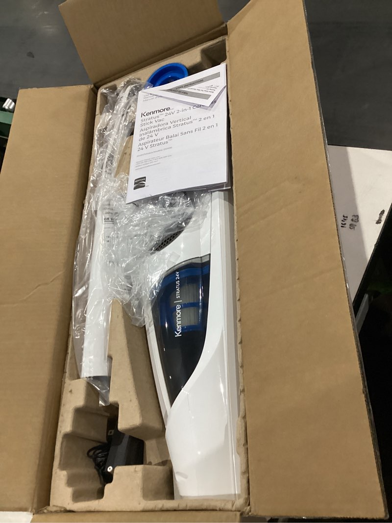 Condition photo showing As Is for Kenmore DS1030 Cordless Stick Vacuum Lightweight Cleaner 2-Speed Power Suction LED Headlight 2-in-1 Handheld for Hardwood Floor, Carpet & Pet Hair, White