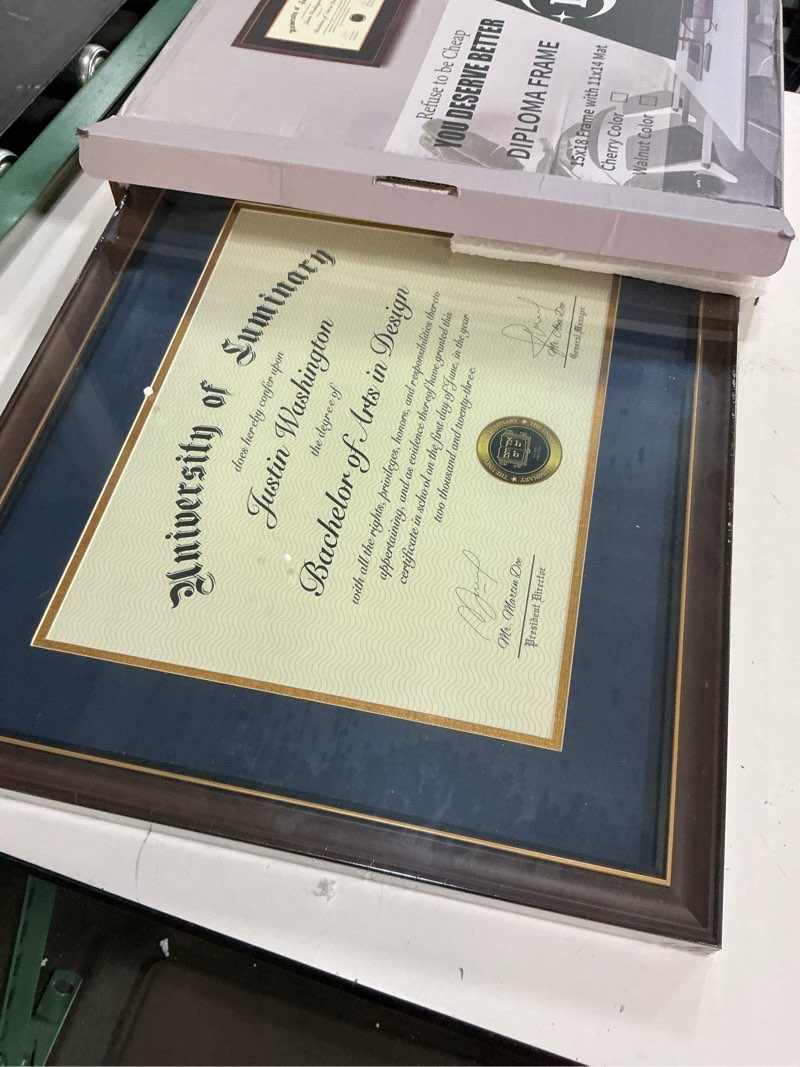 Condition photo showing New/Like New for luminary 15x18 wood diploma frame with 11x14 opening navy mat for college degree certificate document, walnut color wooden frame with tempered glass panel for wall mount display navy mat 15x18 for 11x14